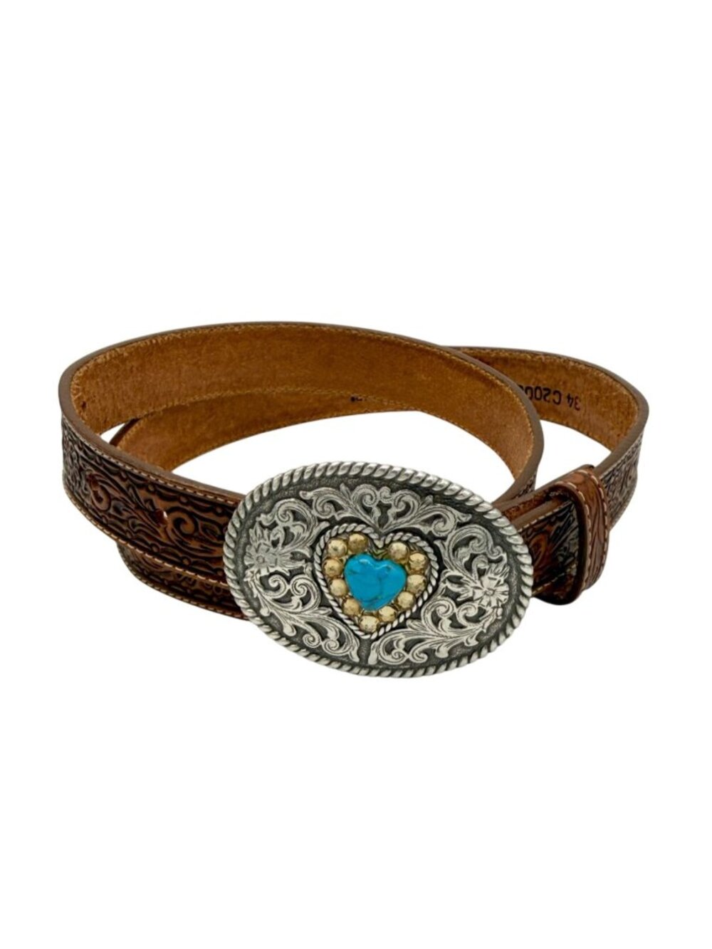 Justin Boots Ladies Native Heart belt brown leather turquoise heart - size 34